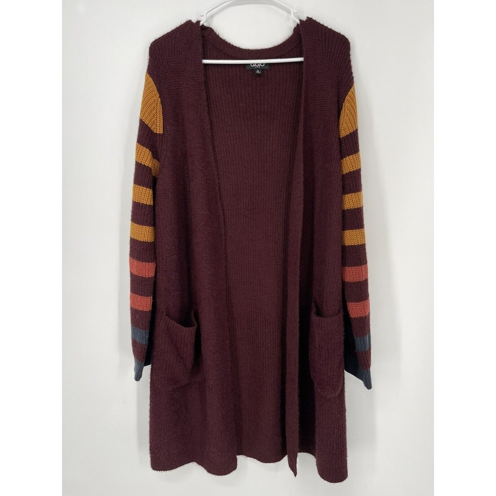 GiGo USA Women Burgundy Striped Sleeve Long Cardigan Sweater Size M‎